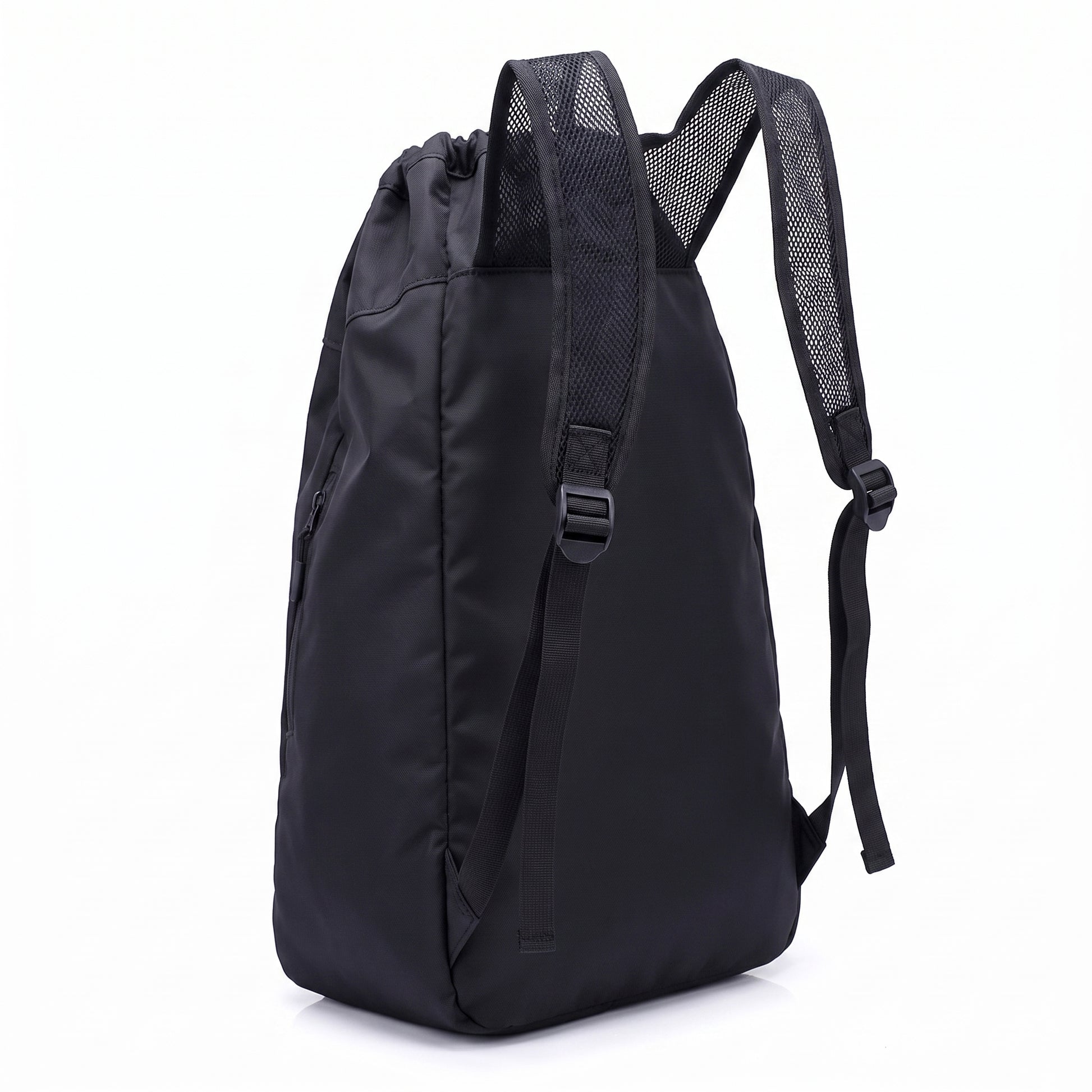 Backpack Gym Bag Drawstring Black Nylon Padded Shoulder Straps - angle