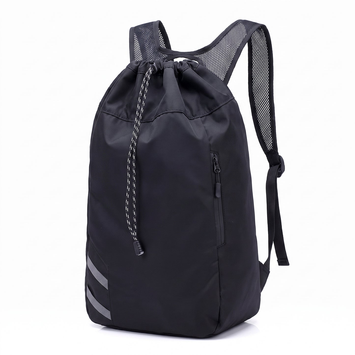 Backpack Gym Bag Drawstring Black Nylon Padded Shoulder Straps - angle