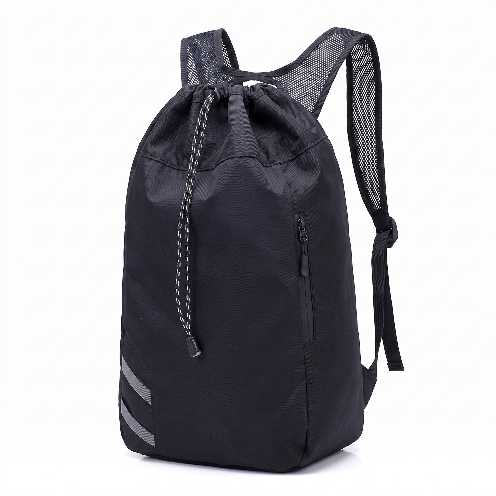 Backpack Gym Bag Drawstring Black Nylon Padded Shoulder Straps - angle