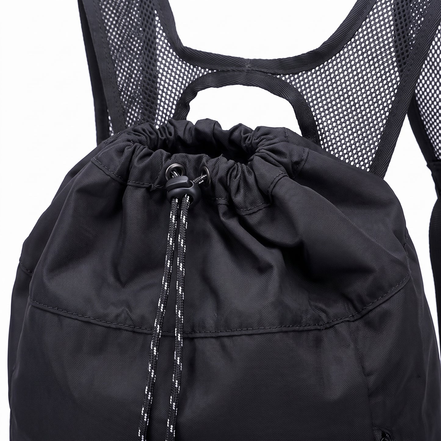 Backpack Gym Bag Drawstring Black Nylon Padded Shoulder Straps - detail