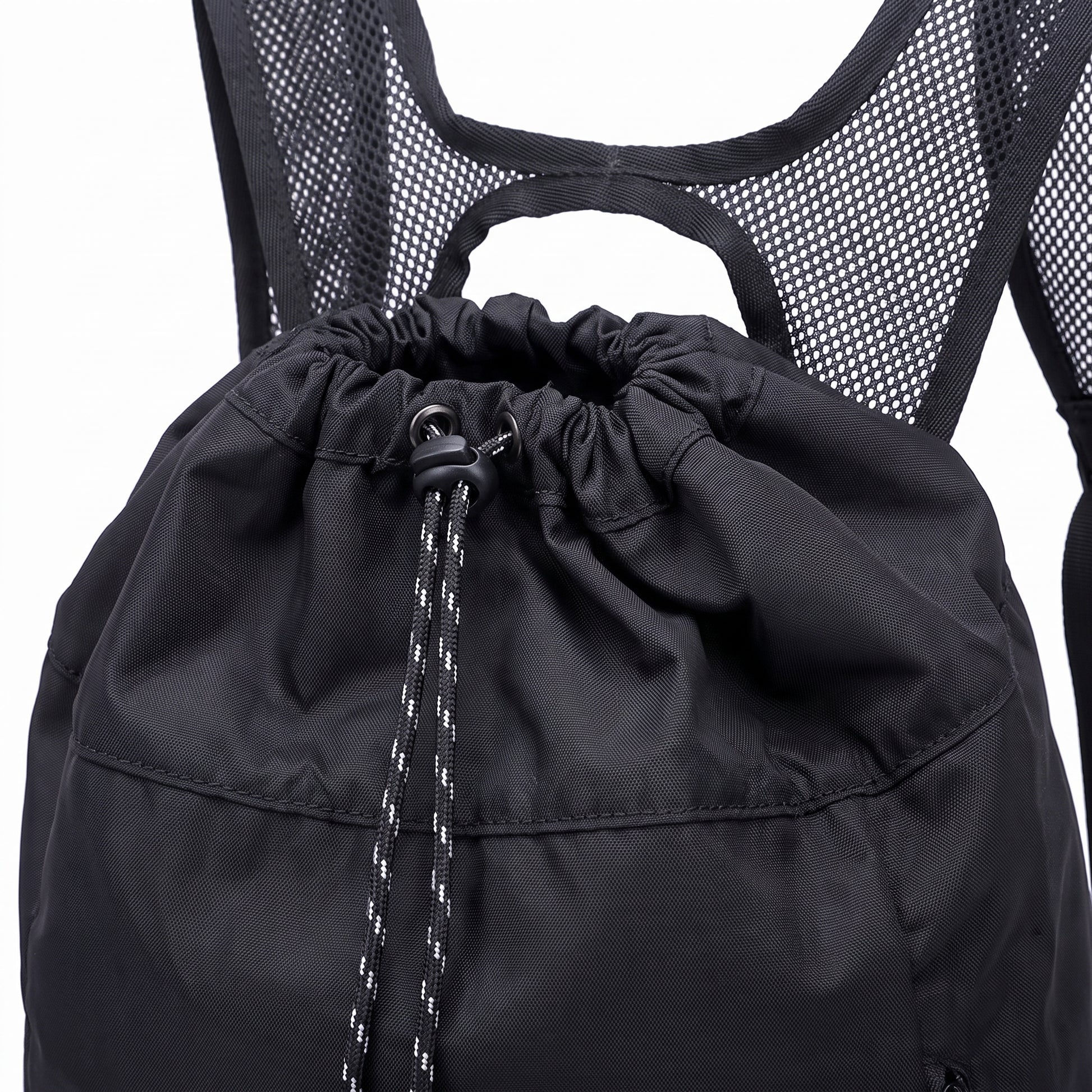 Backpack Gym Bag Drawstring Black Nylon Padded Shoulder Straps - detail