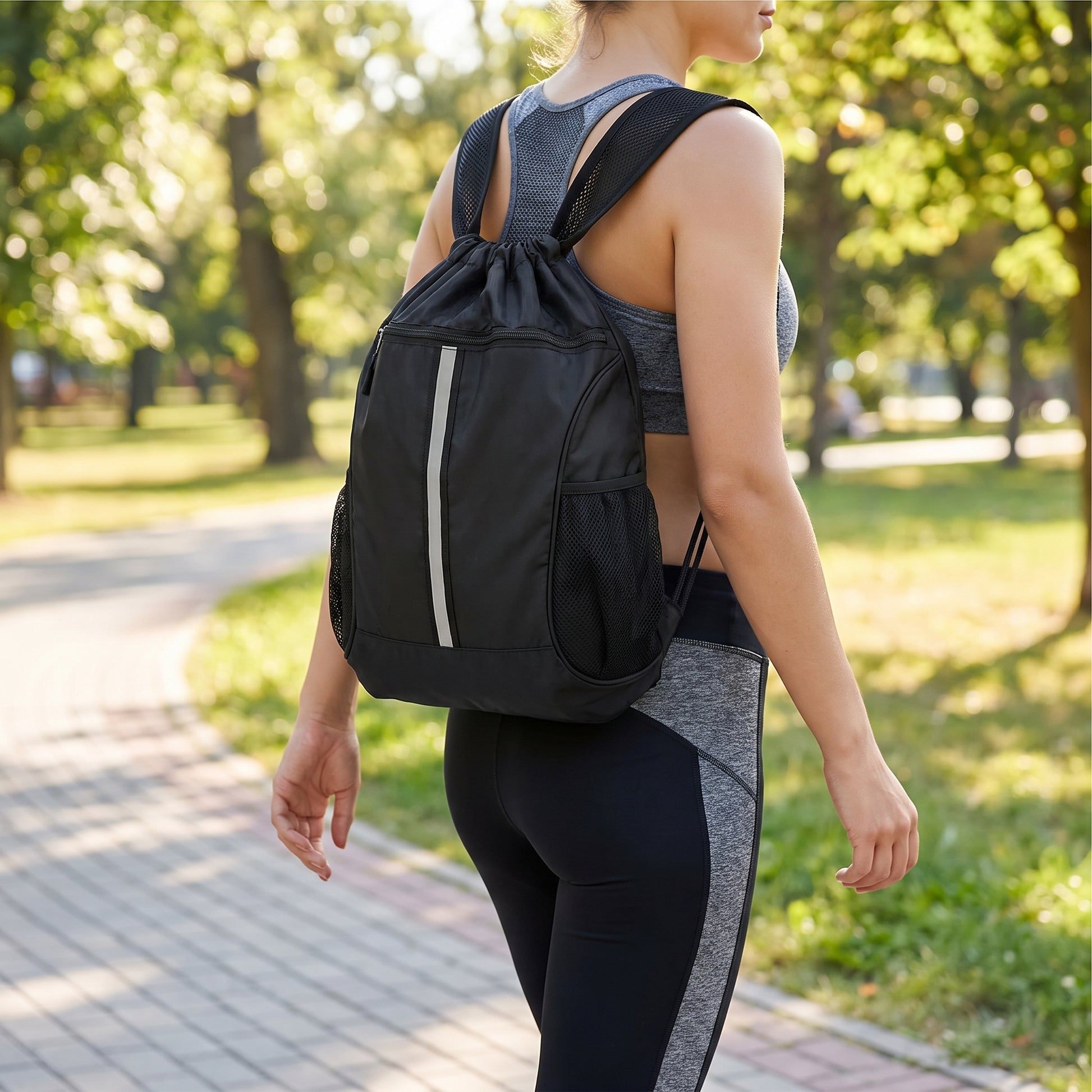 Backpack Gym Bag Drawstring Black Nylon Padded Shoulder Straps - hero
