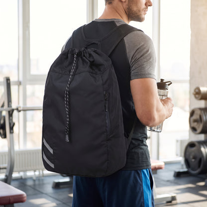 Backpack Gym Bag Drawstring Black Nylon Padded Shoulder Straps - hero