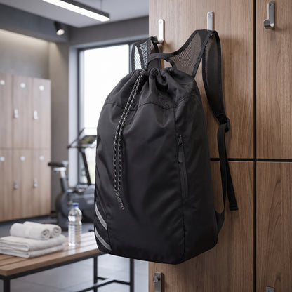 Backpack Gym Bag Drawstring Black Nylon Padded Shoulder Straps - in-use