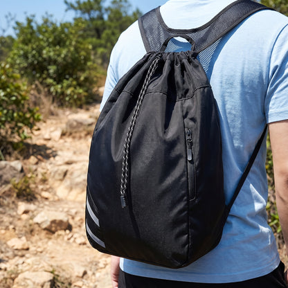 Backpack Gym Bag Drawstring Black Nylon Padded Shoulder Straps - in-use