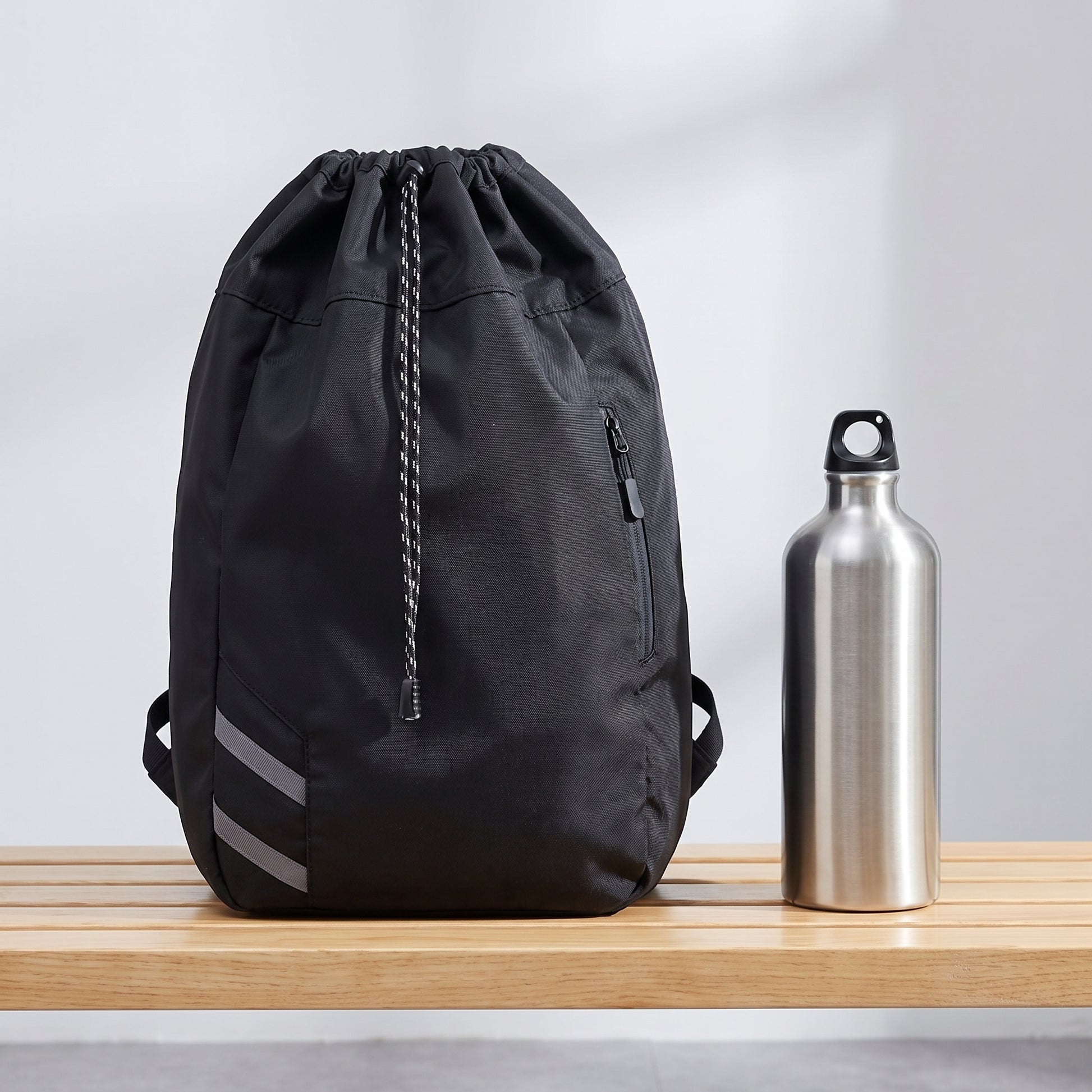 Backpack Gym Bag Drawstring Black Nylon Padded Shoulder Straps - scale
