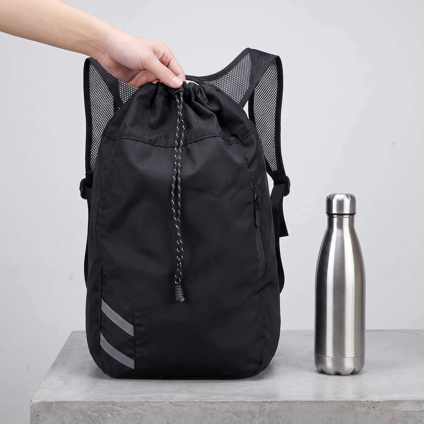 Backpack Gym Bag Drawstring Black Nylon Padded Shoulder Straps - scale