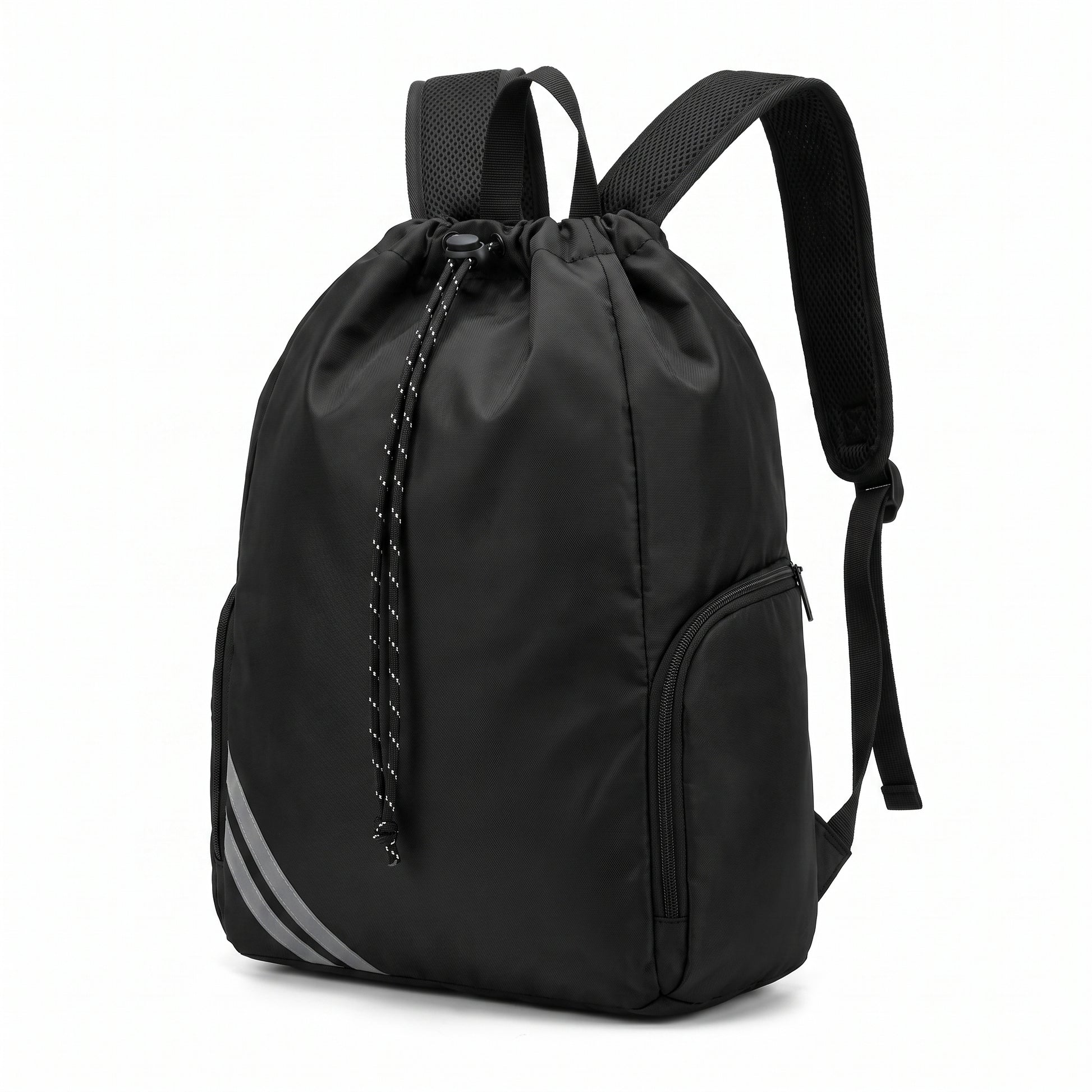 Backpack Gym Bag Drawstring Black Nylon Padded Shoulder Straps - studio