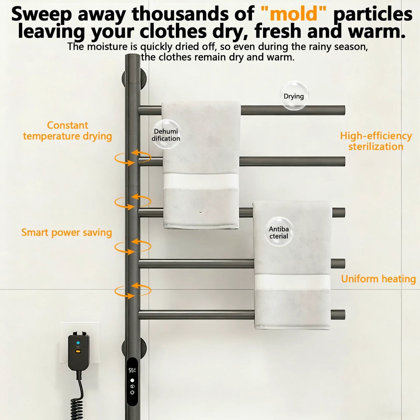 Electric Heated Towel Rack Wall Mounted Stainless Steel Fast Drying Heater Ipx4 Water Resistance - Image 4