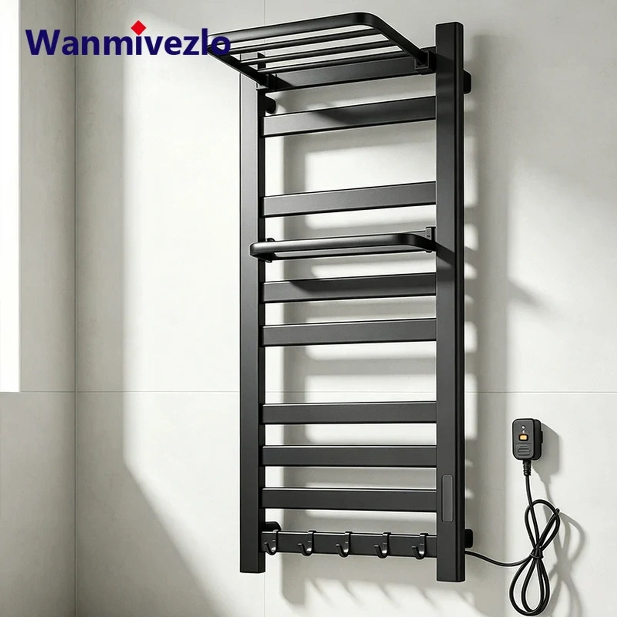 Electric Heated Towel Rail Wall Mounted With Top Storage Shelf And 5 Hooks Fast Heating - Image 1