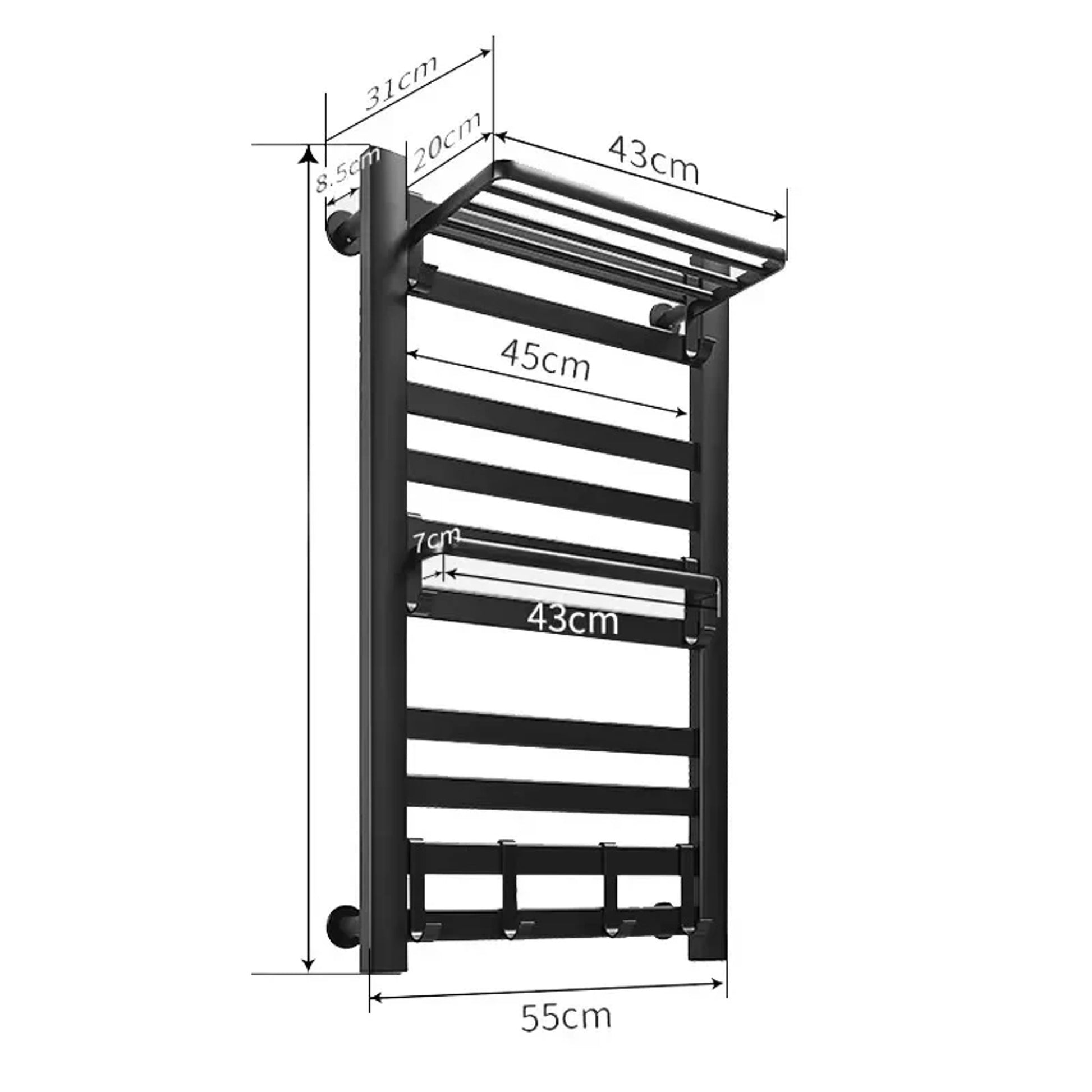 Electric Heated Towel Rail Wall Mounted With Top Storage Shelf And 5 Hooks Fast Heating - Image 5