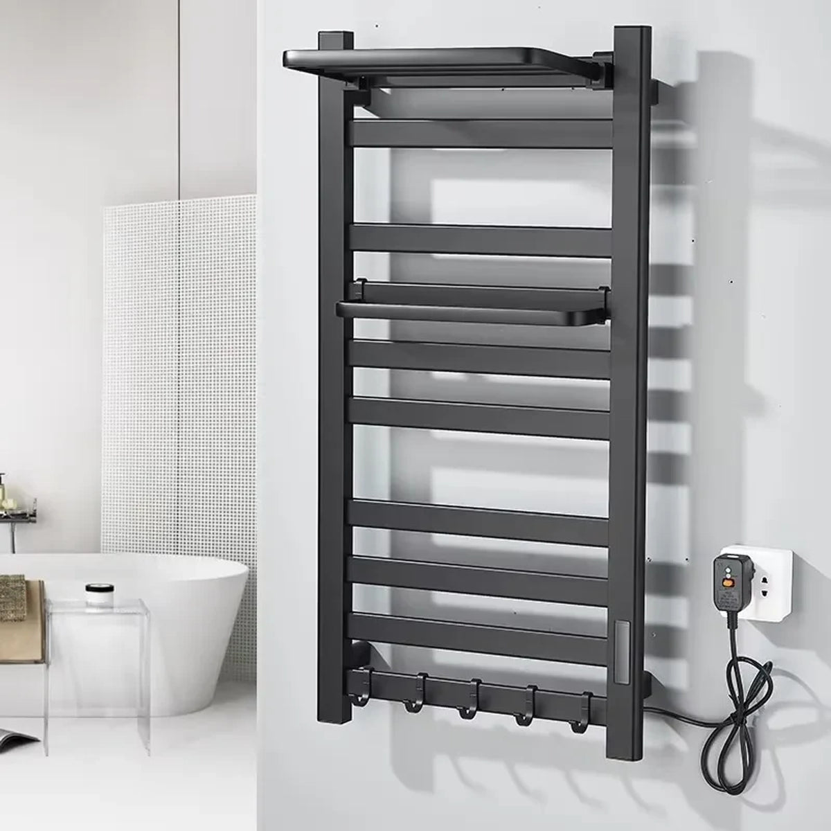 Electric Heated Towel Rail Wall Mounted With Top Storage Shelf And 5 Hooks Fast Heating