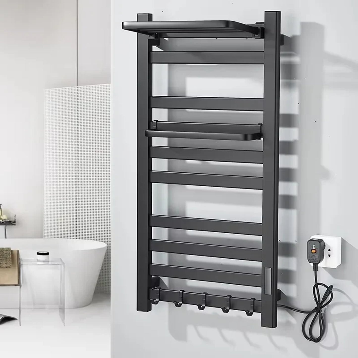 Electric Heated Towel Rail Wall Mounted With Top Storage Shelf And 5 Hooks Fast Heating - Image 7