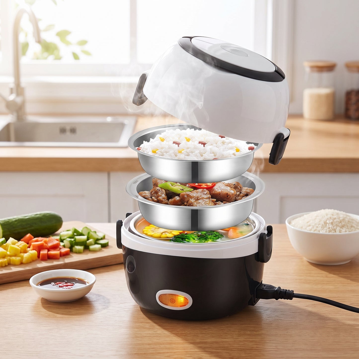 Lunch Box Electric Food Warmer Steamer Portable - in-use