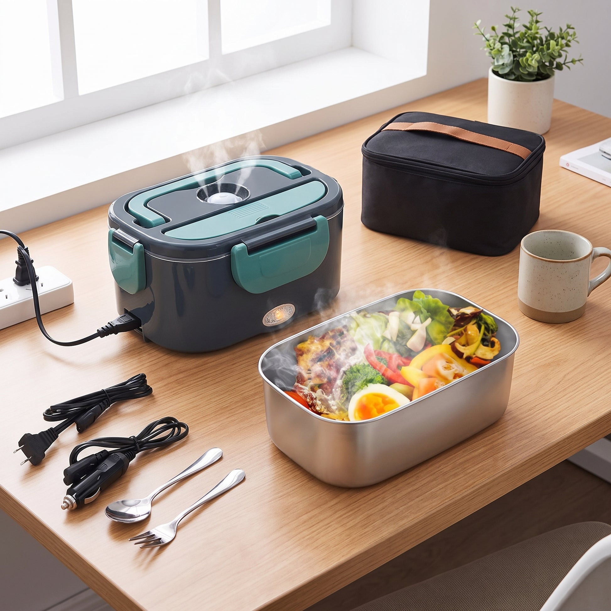 Lunch Box Electric Food Warmer Heated Portable Stainless Steel - in-use