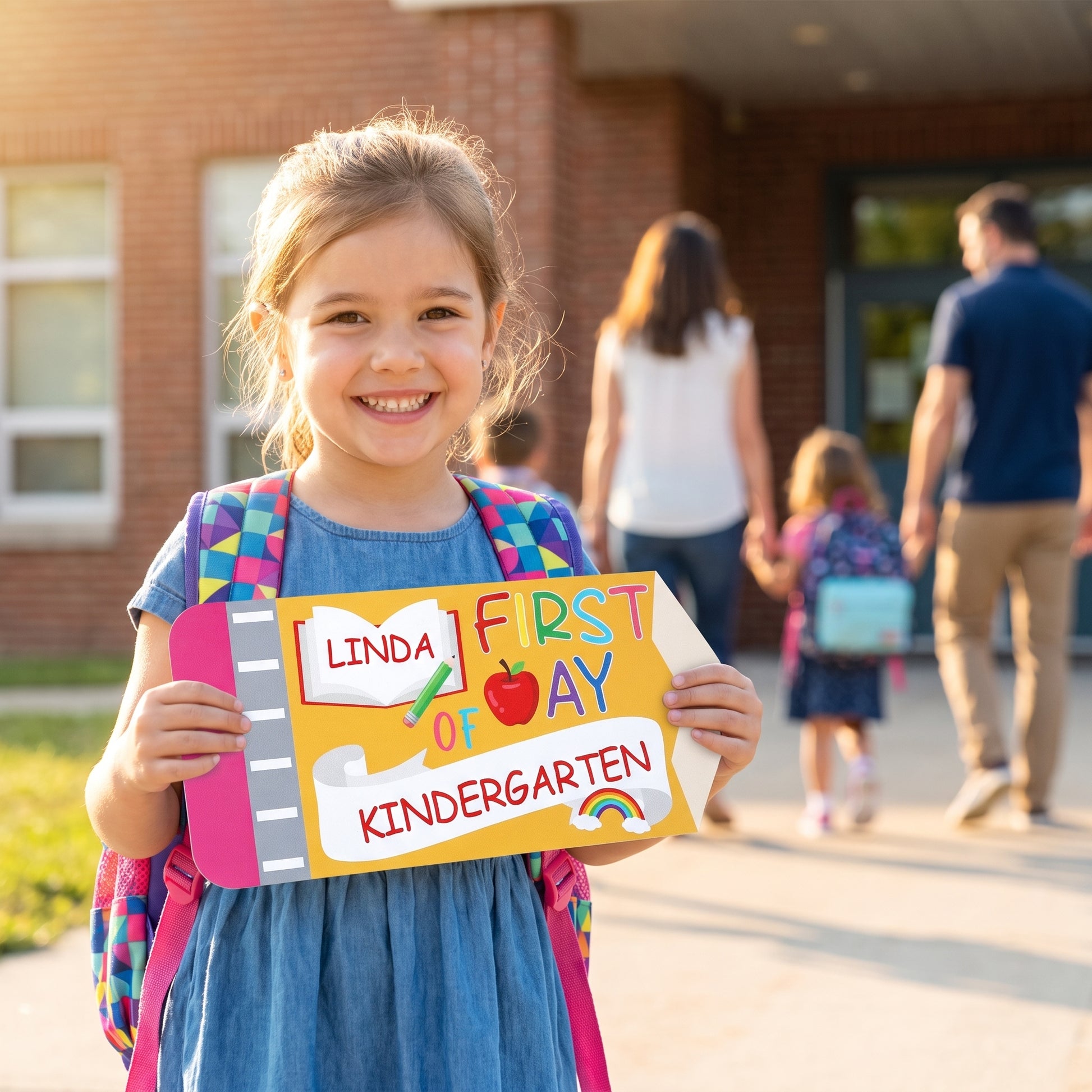 First Day Last School Sign Pencil Shaped Double-Sided Reusable - in-use