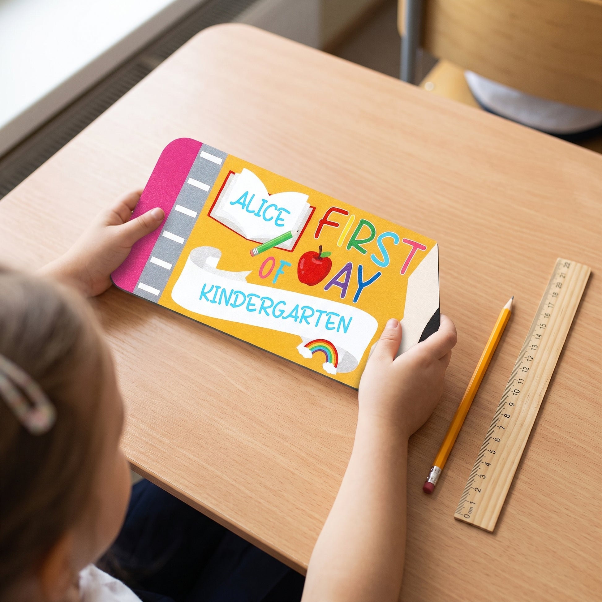 First Day Last School Sign Pencil Shaped Double-Sided Reusable - scale
