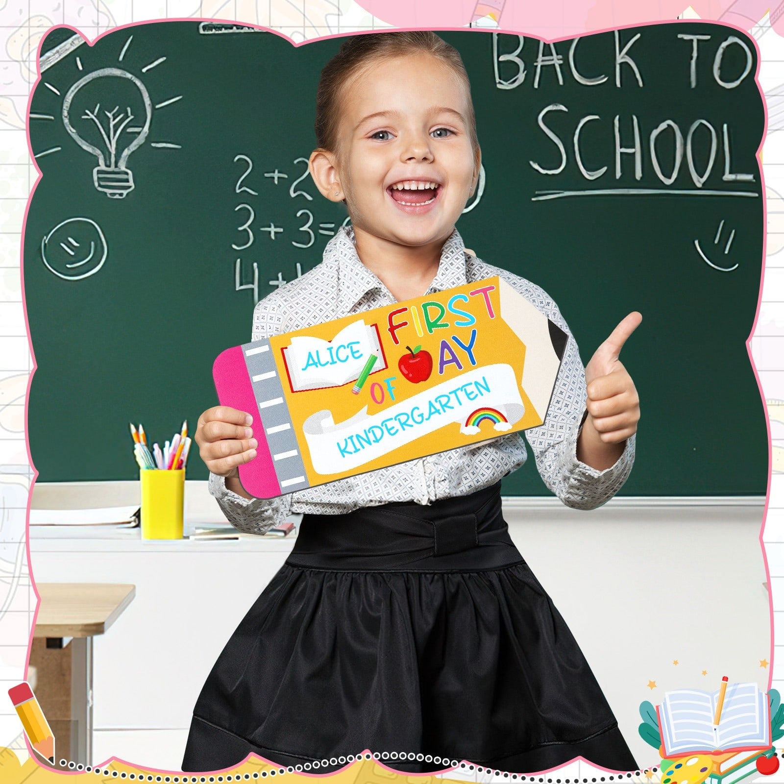 First Day Last School Sign Pencil Shaped Double-Sided Reusable - Image 1