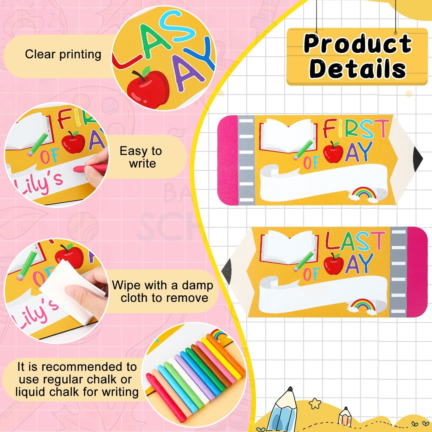 First Day Last School Sign Pencil Shaped Double-Sided Reusable - Image 5