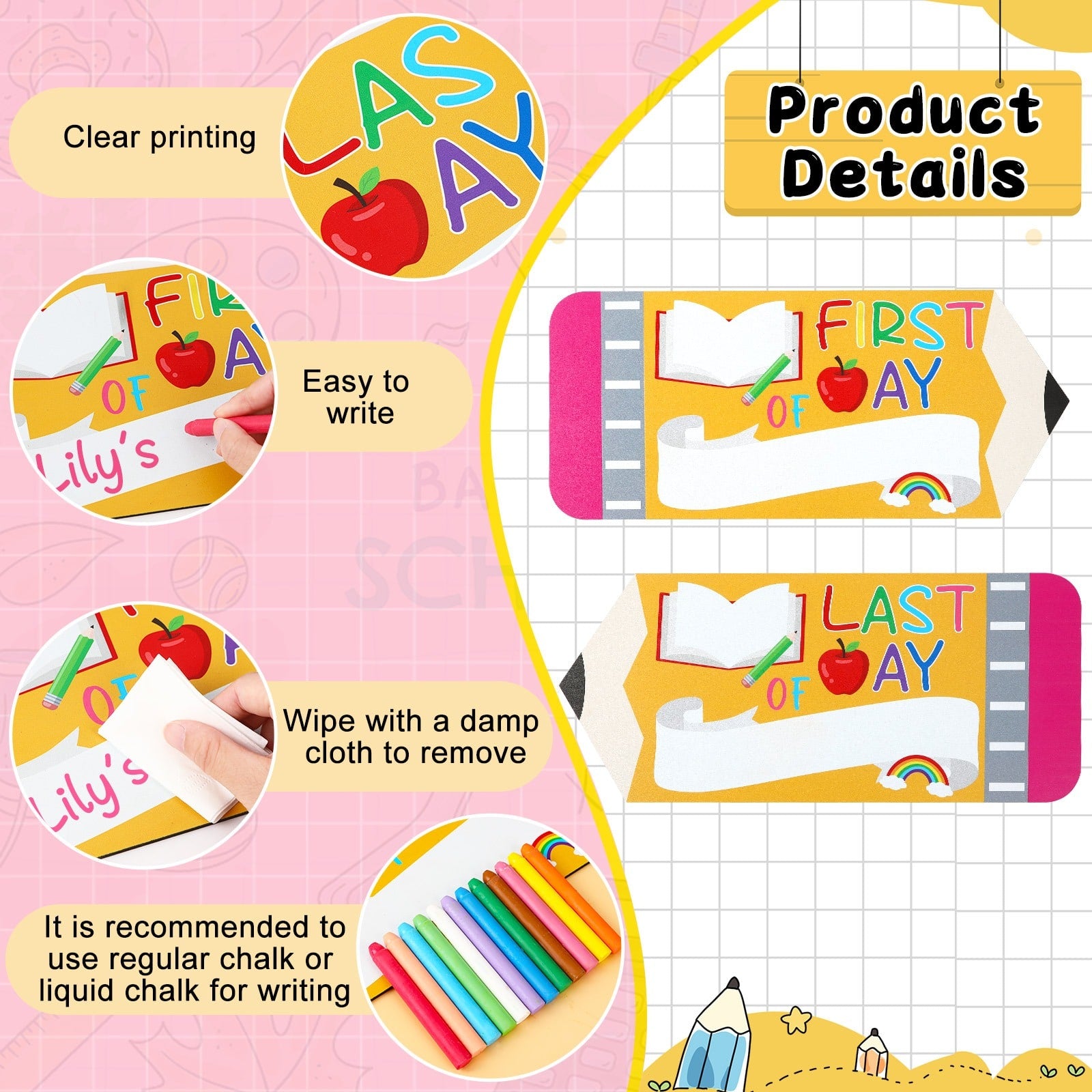 First Day Last School Sign Pencil Shaped Double-Sided Reusable - Image 5