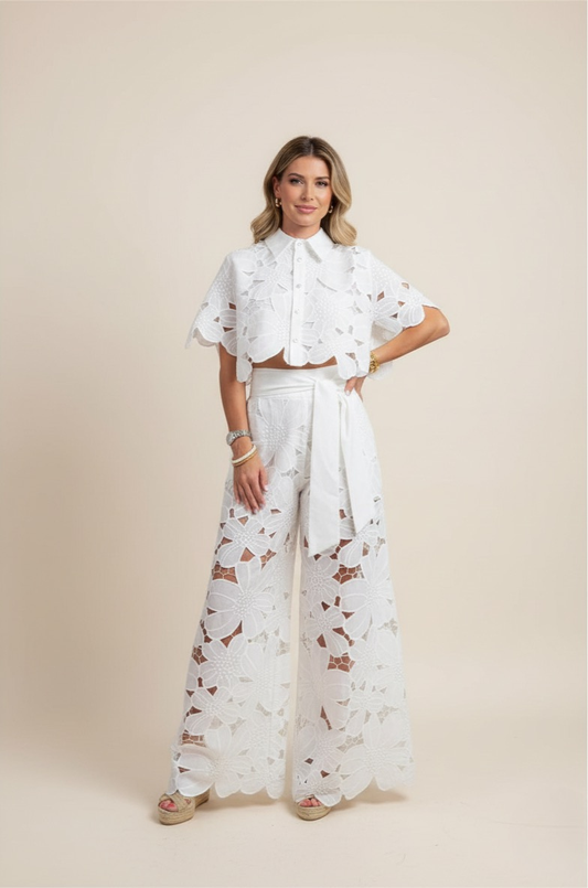 Floral Lace Cut Out Top and Wide Leg Trousers Set for Women