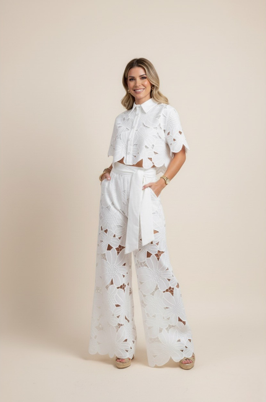Floral Lace Cut Out Top and Wide Leg Trousers Set for Women