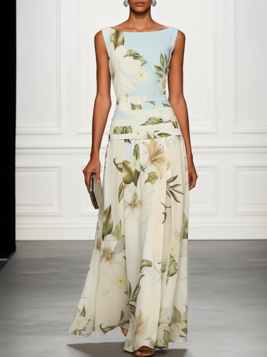 Floral Lily Print Boat Neck Maxi Dress for Women