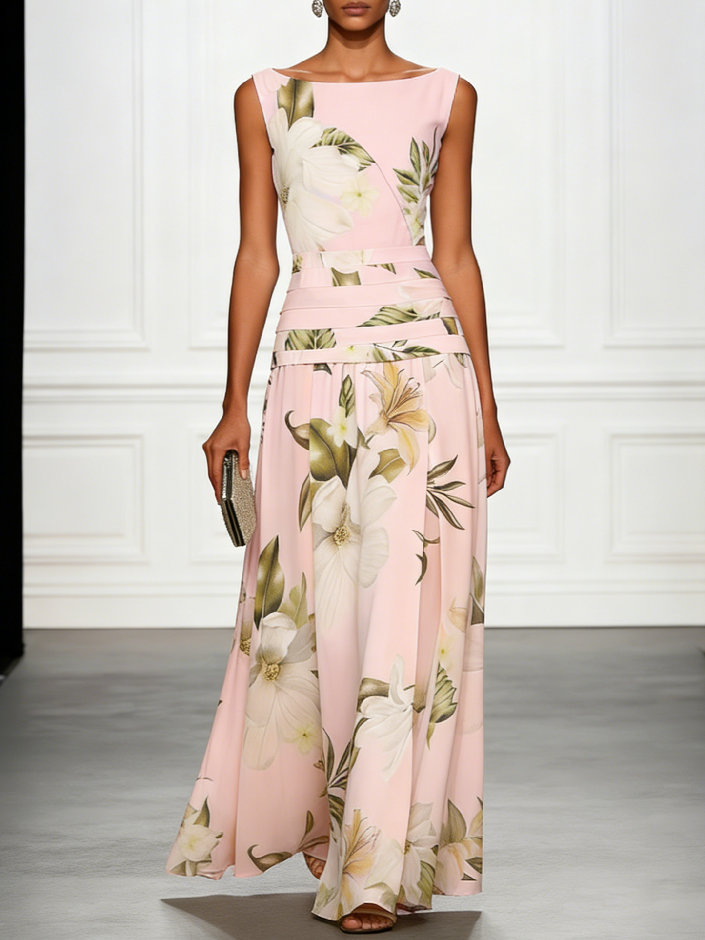 Floral Lily Print Boat Neck Maxi Dress for Women