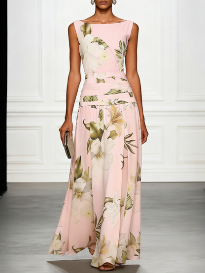 Floral Lily Print Boat Neck Maxi Dress for Women