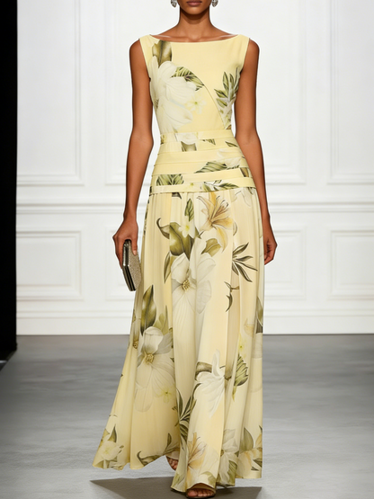 Floral Lily Print Boat Neck Maxi Dress for Women