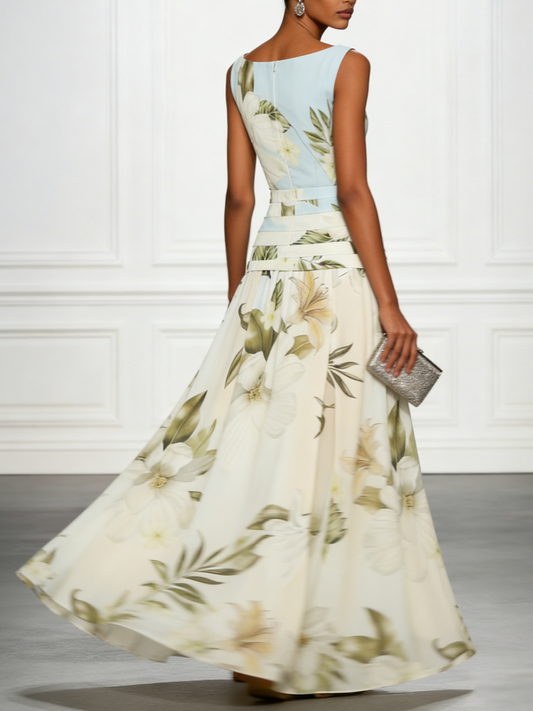Floral Lily Print Boat Neck Maxi Dress for Women