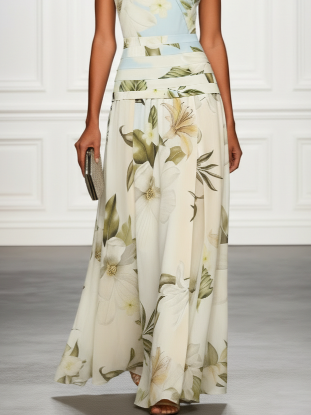 Floral Lily Print Boat Neck Maxi Dress for Women