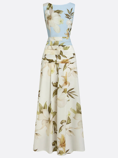 Floral Lily Print Boat Neck Maxi Dress for Women
