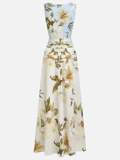 Floral Lily Print Boat Neck Maxi Dress for Women