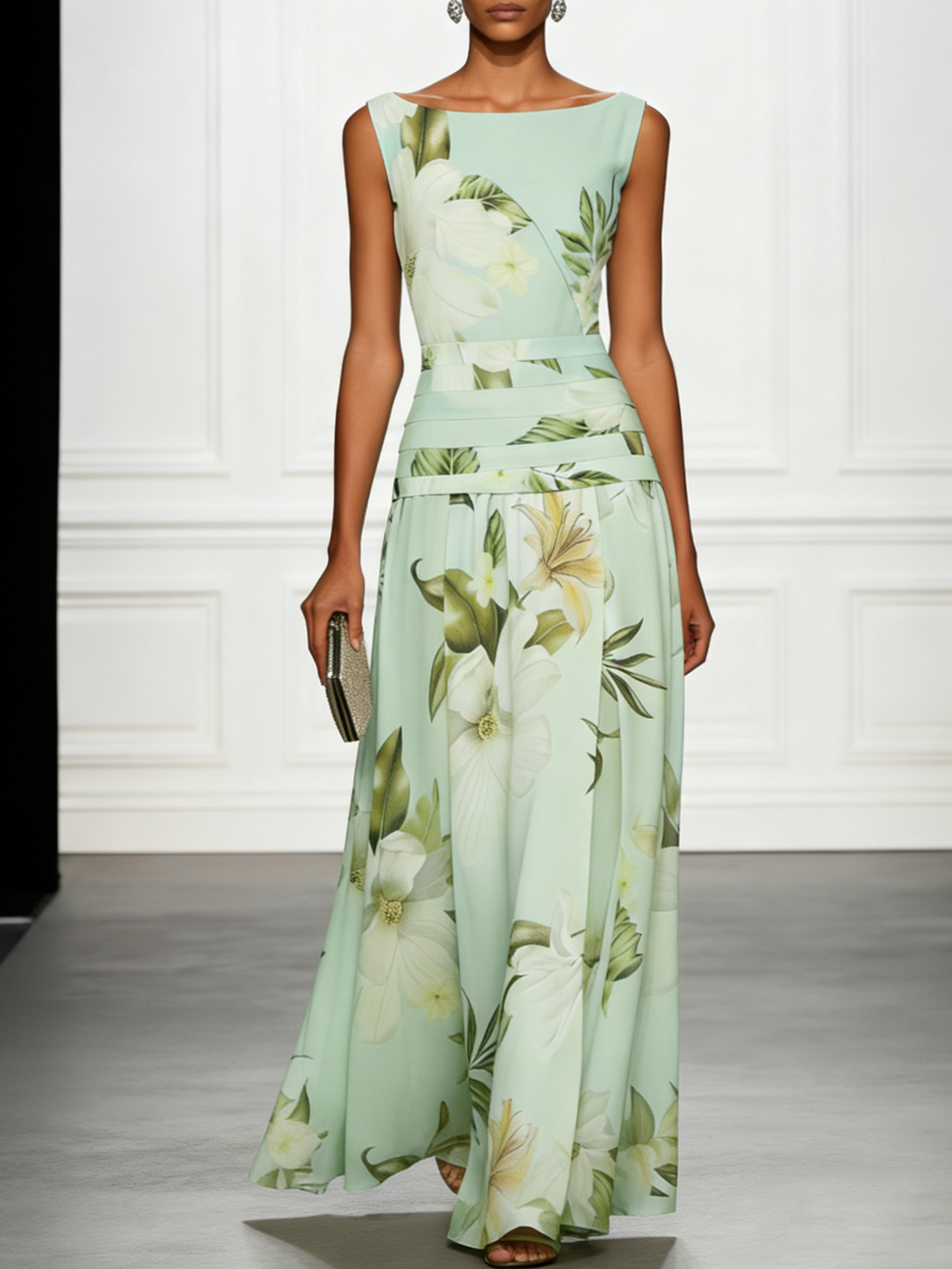 Floral Lily Print Boat Neck Maxi Dress for Women