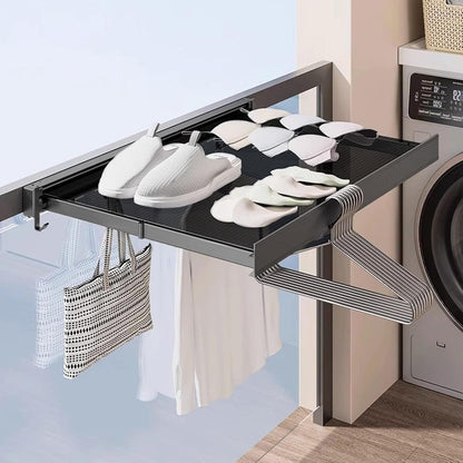 Foldable Drying Rack Wall Mounted With Pull-Out Mesh Shelf And Hooks For Laundry - Image 2