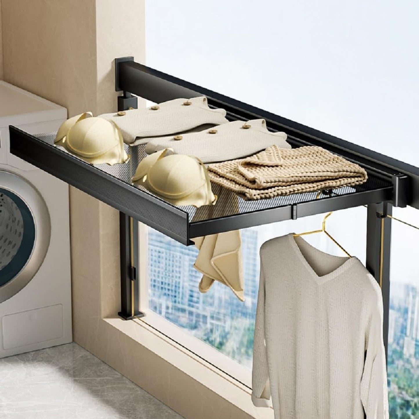 Foldable Drying Rack Wall Mounted With Pull-Out Mesh Shelf And Hooks For Laundry - Image 1