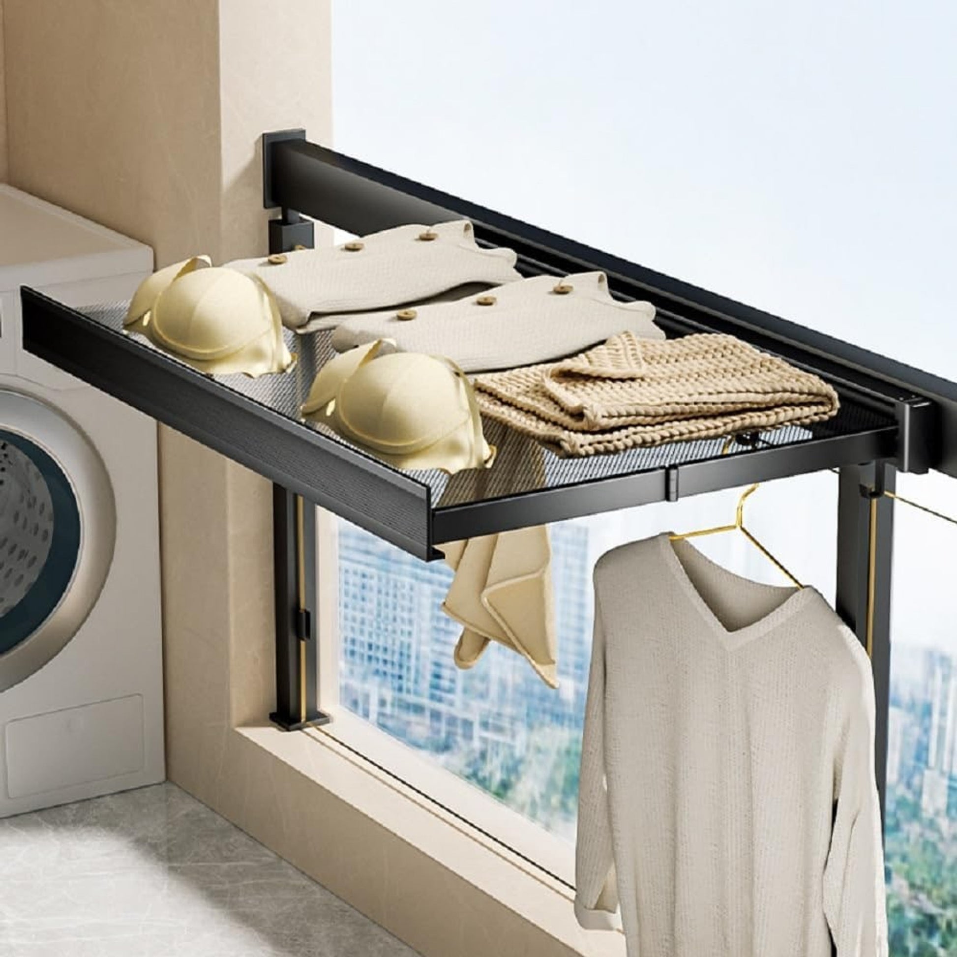 Foldable Drying Rack Wall Mounted With Pull-Out Mesh Shelf And Hooks For Laundry - Image 1