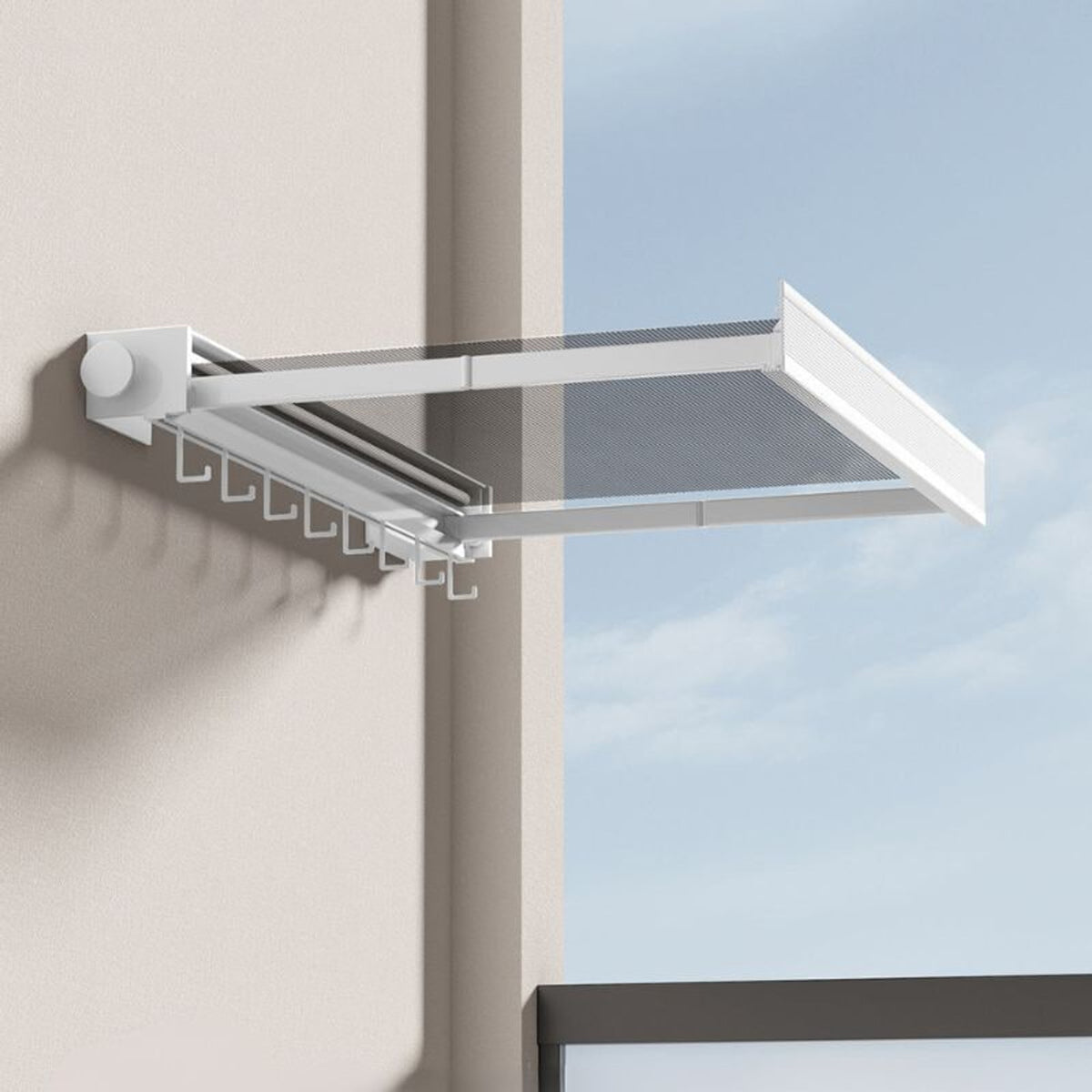 Foldable Drying Rack Wall Mounted With Pull-Out Mesh Shelf And Hooks For Laundry - Image 7