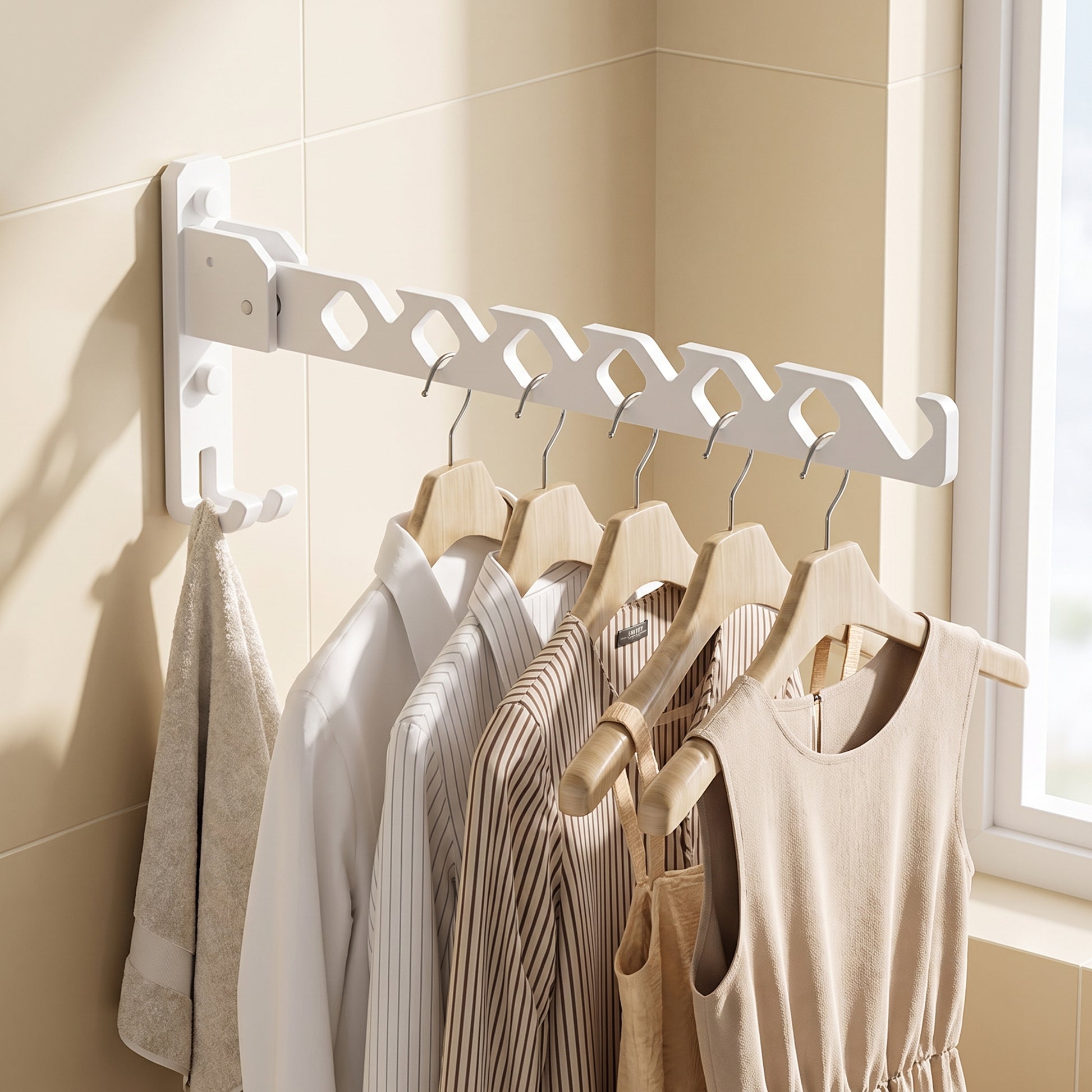 Folding Clothes Rack Wall Mounted Drying Foldable Arm With Multiple Hanging Slots And Hook - Image 2