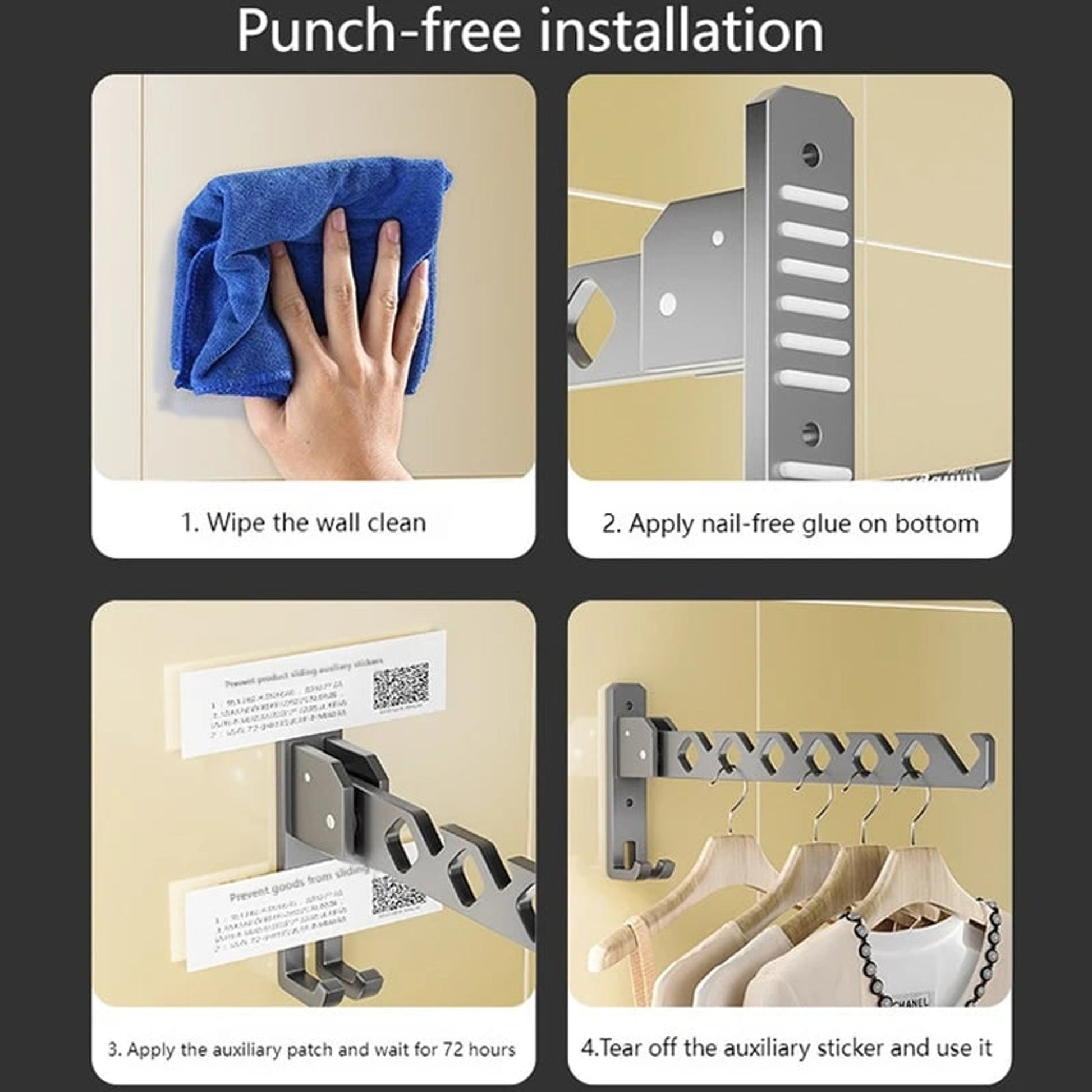 Folding Clothes Rack Wall Mounted Drying Foldable Arm With Multiple Hanging Slots And Hook - Image 7