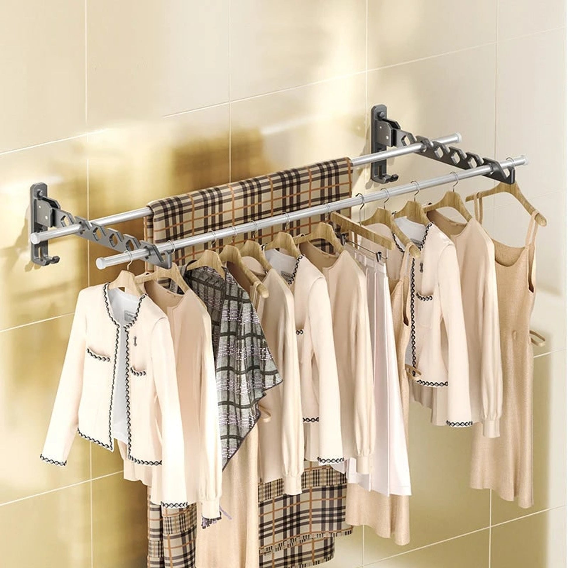Folding Clothes Rack Wall Mounted Drying Foldable Arm With Multiple Hanging Slots And Hook - Image 5
