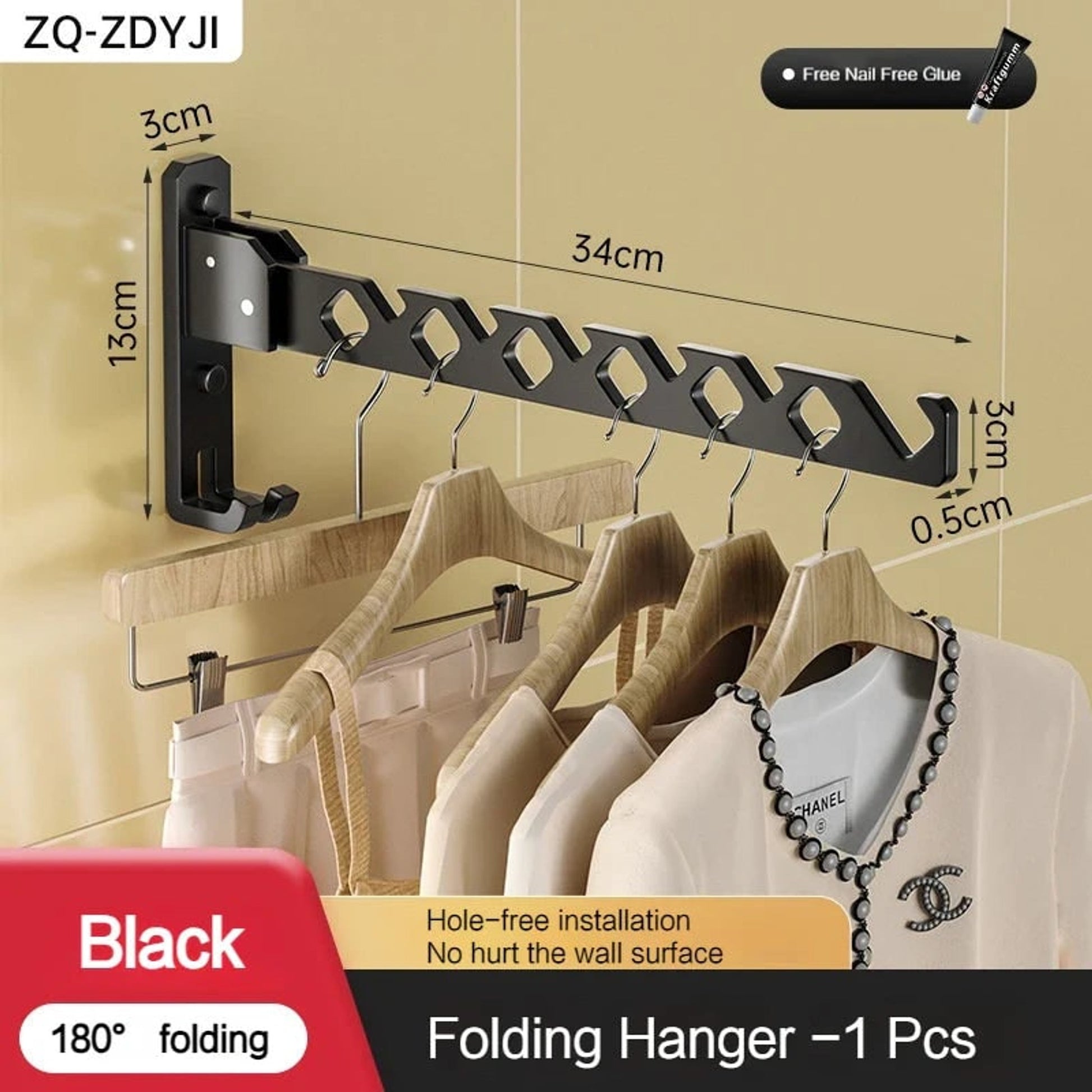 Folding Clothes Rack Wall Mounted Drying Foldable Arm With Multiple Hanging Slots And Hook - Image 12