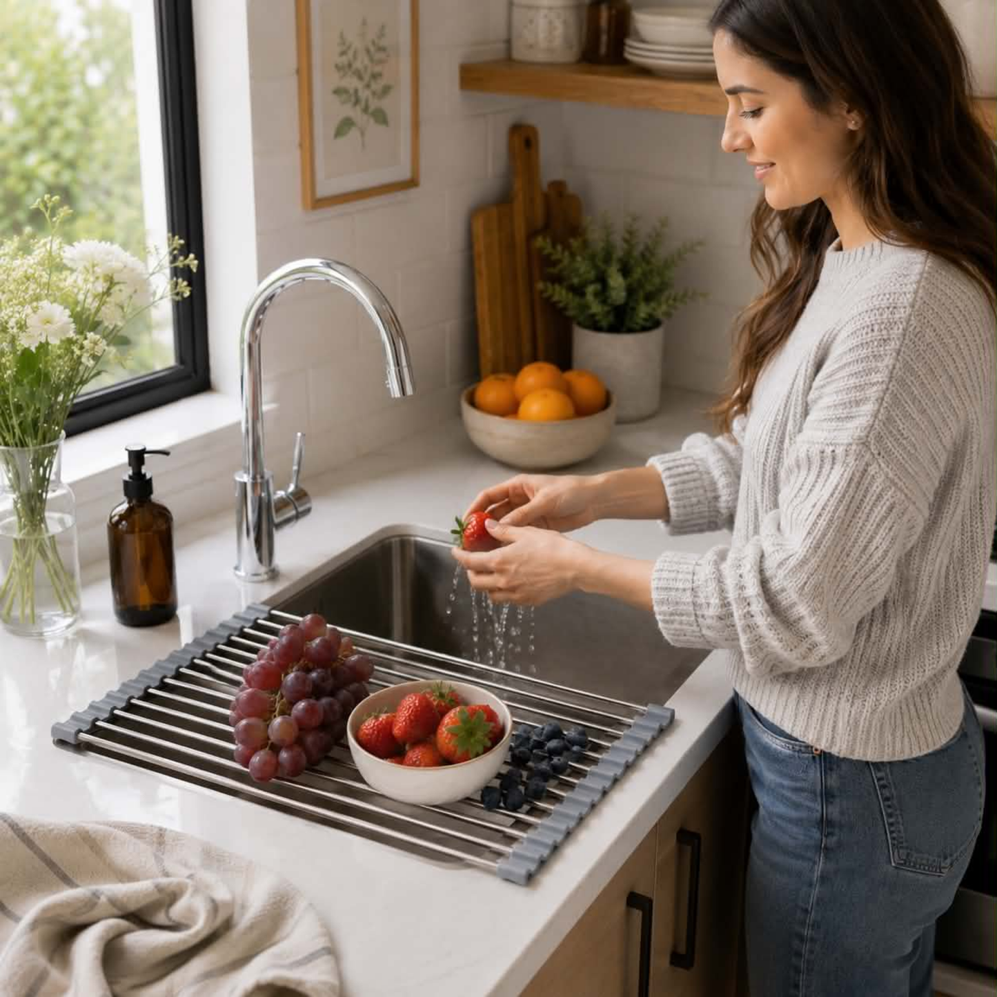 Folding Drain Rack Stainless Steel Dish Drying Expandable Sink Organizer Space-Saving Kitchen Storage With Food-Safe Silicone Coating - Image 7