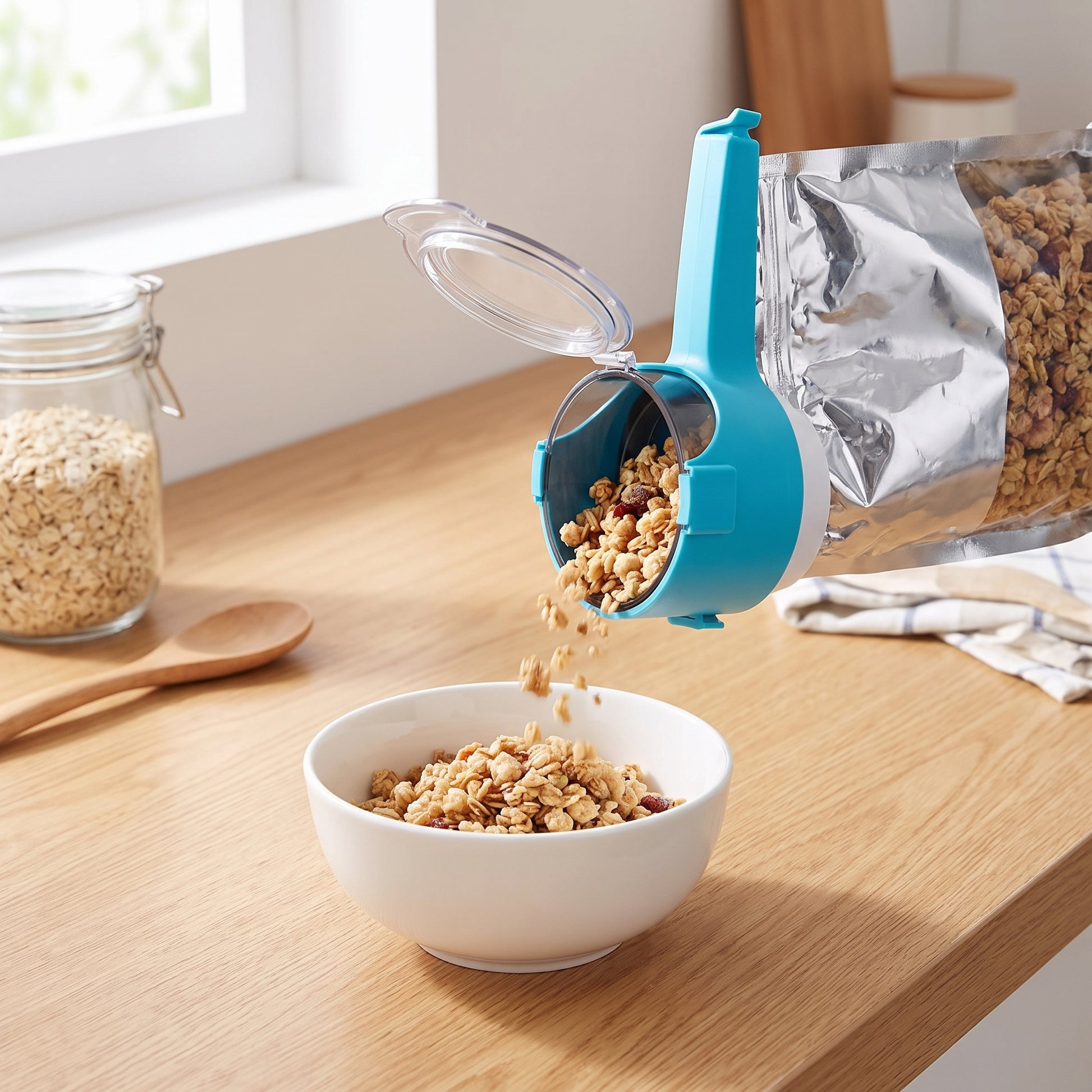 Bag Clips Dry Food Spout Assorted Pastel Colors Hinged Lid - in-use
