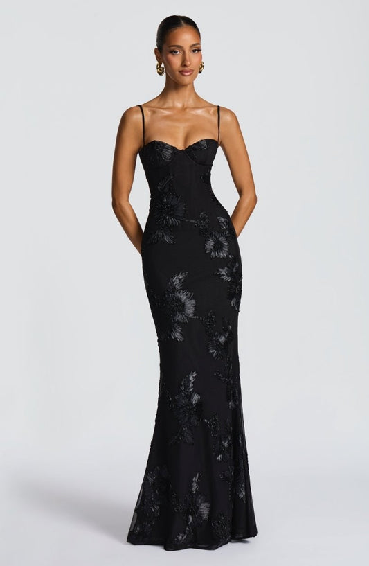 Formal Evening Dress Maxi with Floral Appliques and Spaghetti Straps - Image 1