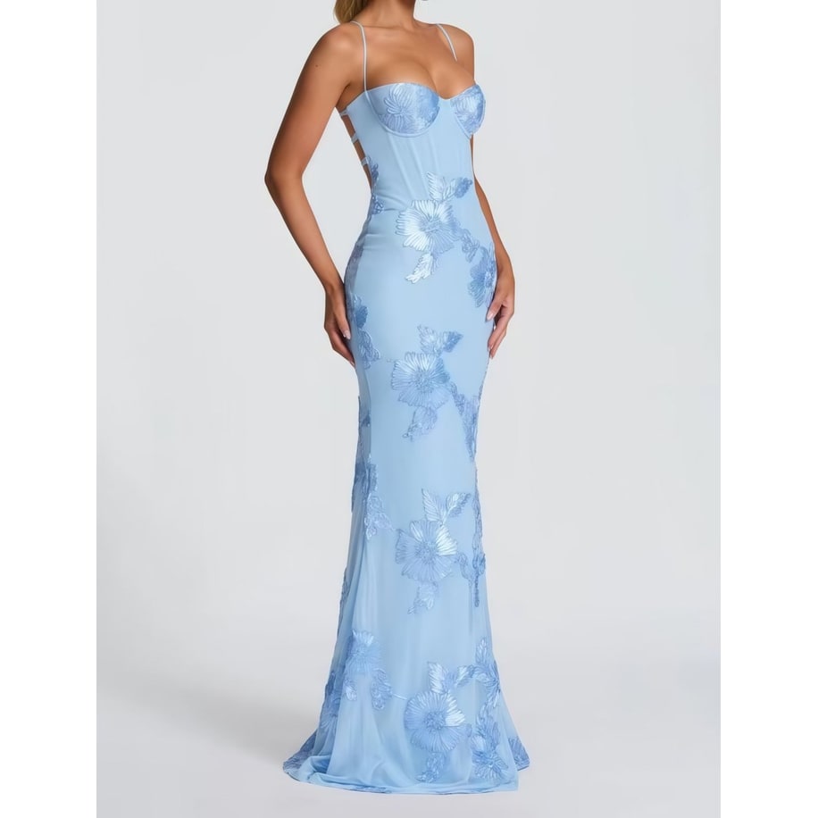 Formal Evening Dress Maxi with Floral Appliques and Spaghetti Straps - Image 11