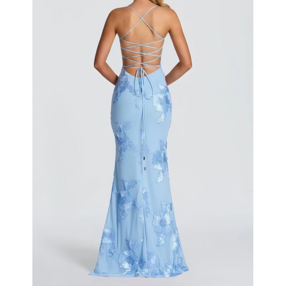 Formal Evening Dress Maxi with Floral Appliques and Spaghetti Straps - Image 12