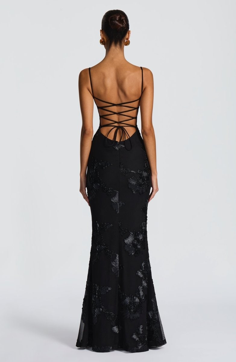 Formal Evening Dress Maxi with Floral Appliques and Spaghetti Straps - Image 2