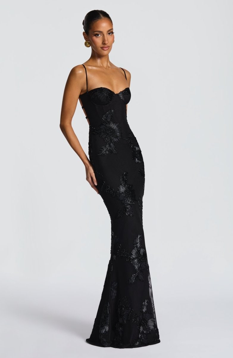 Formal Evening Dress Maxi with Floral Appliques and Spaghetti Straps - Image 3